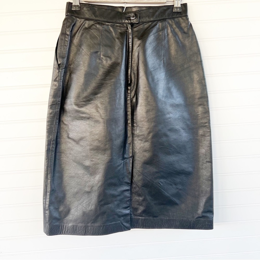 Vintage Leather Midi Skirt Size 10 Black High Waisted Pencil with Pockets